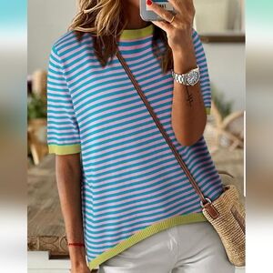 Dokotoo Pink Green Teal Striped Short‎ Sleeve Sweater Boho Colorful Size S